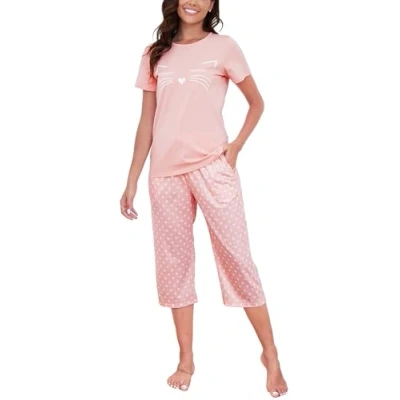 Immagine di Reliwel Pigiama Donna Cotone Pigiami da Due Pezzi Girocollo Set Notte Estivo a Manica Corta e 3/4 Pantaloni Stampati Traspirante Comodo