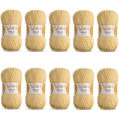 Immagine di Wollidu Mila Filato per uncinetto e lavoro a maglia, 10 x 50 g/133 m, 100% poliacrilico, colore beige sabbia