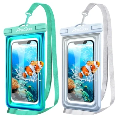 Immagine di ProCase 2 Pezzi Custodia Impermeabile Smartphone IPX8 Fino a 7,0&quot;, Porta Cellulare Mare per iPhone 16/15/14/13/12/11 Pro Max XR XS X, Galaxy A05s A25 A55 A34, Xiaomi Redmi Note 13