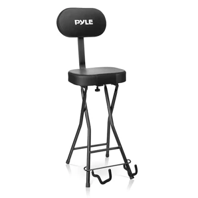 Immagine di Pyle Sedia con Cuscino Imbottito Schienale Ergonomico Pesante Stand Pieghevole, Poggiapiedi, Design Collassabile, Supporta Chitarre Acustiche, Elettriche e Bassi, Capacità di Carico 136 kg