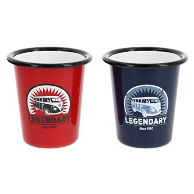 Immagine di Brisa VW Collection Volkswagen Set di 2 Bicchieri in Metallo smaltato da tè, caffè, Latte, Cappuccino, Campervan Bus T1 Design (Rosso &amp; Blu/310ml)