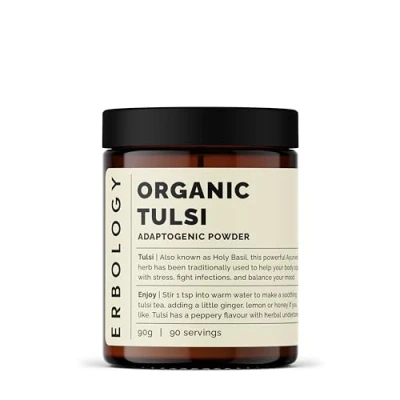 Immagine di Polvere di Tulsi 100% Bio 180 g Combatte lo Stress e i Germi Direttamente Dalla Fattoria Crudo, Vegano Senza Glutine Non OGM Additivi o Conservanti Barattolo Vetro Riciclabile