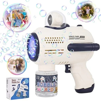 Immagine di Pistola a Bolle per Bambini, GuKKK 10 Fori Macchina Automatica di Sapone, Soffiatore Silenzioso con Luci, Soluzione da 100 ml, Matrimonio/Regalo Compleanno