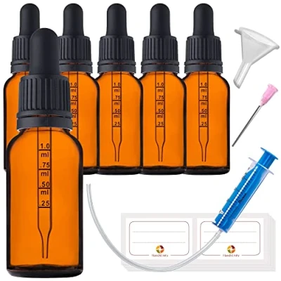Immagine di HandsUnity 20ml 6pz Bottiglia Pipetta Piccola di Vetro set Vasetti da Farmacia in Ambrato con Tappo Nero per include 17pcs Accessori Bottiglie Marrone