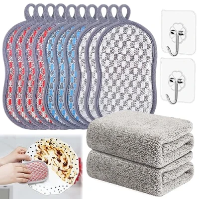 Immagine di Spugnette Piatti, Jicyor 14 Pezzi Cucina Set, Spugna Lavabile Riutilizzabile Cucina,Spugna Piatti Microfibra Doppia Faccia,Scrub Mommy Set con 2 Panni per e Ganci