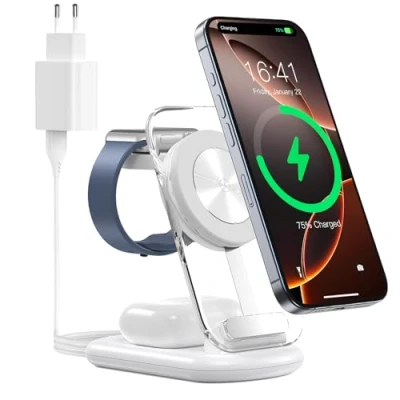 Immagine di 3 in 1 Stazione di ricarica wireless per Mag Safe, caricatore magnetico senza fili pieghevole e regolabile, supporto da viaggio Safe con luce iPhone 16/15/14, AirPods, Apple