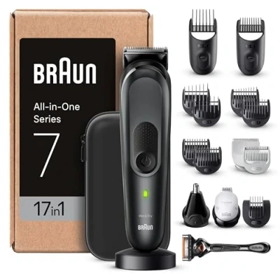 Immagine di Braun Regolabarba Tagliacapelli Uomo, Rasoio Elettrico Barba e Capelli, 17 in 1 Styling Kit Per Barba, Corpo, Naso Orecchie, 100 Minuti Di Utilizzo, MGK7491 Nero