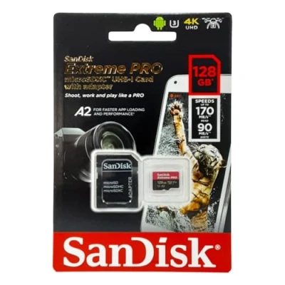 Immagine di SanDisk Extreme Pro 128GB microSDXC Memory Card + SD Adapter with A2 App Performance Rescue Deluxe 170MB/s Class 10, UHS I, U3, V30