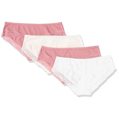 Immagine di Amazon Essentials Intimo Hipster in Cotone e Pizzo Donna, Pacco da 4, Bianco Brillante/Malva/Rosa Pallido, 44