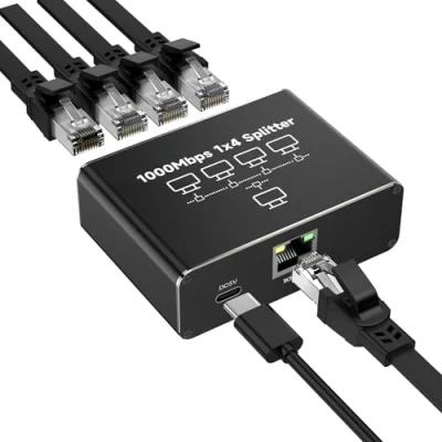 Immagine di GlasFlength Switch Ethernet 4 Porte 1000Mbps Alluminio Sdoppiatore Gigabit Splitter RJ45 1 a LAN con Cavo di Alimentazione USB C per Computer HUB Set top Box TV