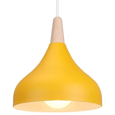 Immagine di iDEGU Lampada a Sospensione Retrò LED Soffitto in Legna Metallo Moderna Lampadario Forma di Goccia Stile Scandinavo Plafoniera per Soggiorno Sala Da Pranzo Camera, 20 cm (Giallo, 1 Pezzo)