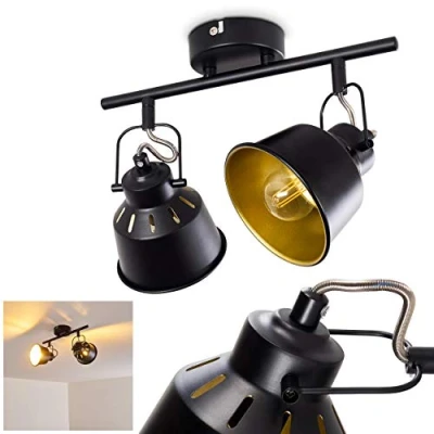 Immagine di plafoniera Safari, in metallo nero/oro, 2 luci, con faretti regolabili, x attacco E14, faretto design retro/vintage, senza lampadina/e