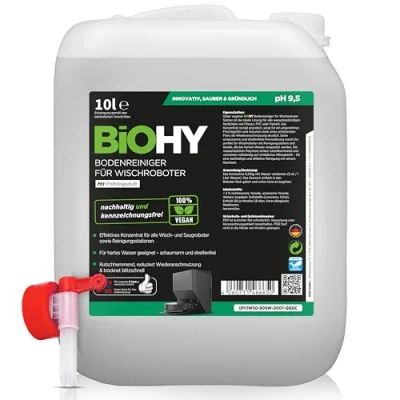 Immagine di BiOHY detergente per pavimenti robot, stazione con profumo primaverile (tanica da 10 litri) + rubinetto, concentrato tutti i pulitori e robot aspirapolvere funzione bagnata,