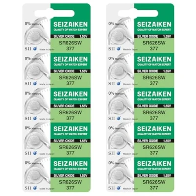 Immagine di Seizaiken Seiko 377 SR626SW Batteria per orologio all&#039;ossido di argento, 1,55 V, 0% Hg, 10 pezzi, prodotta in Giappone