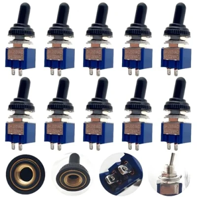 Immagine di CESFONJER Mini Interruttore a levetta, 2 Pin Position Toggle Switch, SPST AC 125V/6A, 250V / 3A (Blu, 10 Pezzi) +10 Pezzi Copertura Impermeabile
