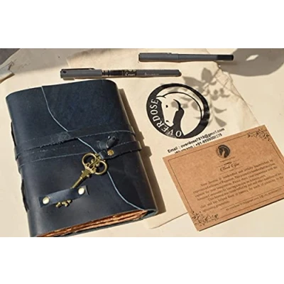 Immagine di OVERDOSE Deckle Blue Con Chiave Riviste In Pelle Vintage Leather Journal Diario Di Viaggio &amp; Sketch Diary Sketchbook Book Of Shadows Edge 5 X 7 Pollici 12 17 Cm A6