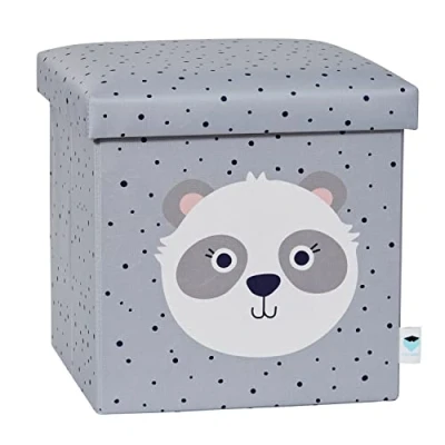 Immagine di LOVE IT STORE Pouf Contenitore Bambini 35x35x35cm Tessuto Ultra Resistente Rinforzi In Legno Pieghevole Design Panda Grigio