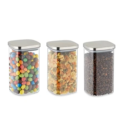 Immagine di Relaxdays Set 3 Barattoli in Vetro con Coperchio Acciaio, Contenitori per Cucina, da 1200 ml, Trasparente Argentato, 70% 20% Inox 10% Silicone, 18 x 10.5 cm