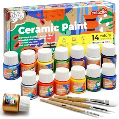 Immagine di colozoo Vernice per Vetro e Porcellana Lavabile in Lavastoviglie 14x20ml incl. Oro, Argento, 4 Colori Glitterati 3 Pennelli Set di Pittura Ceramica Cancellabile