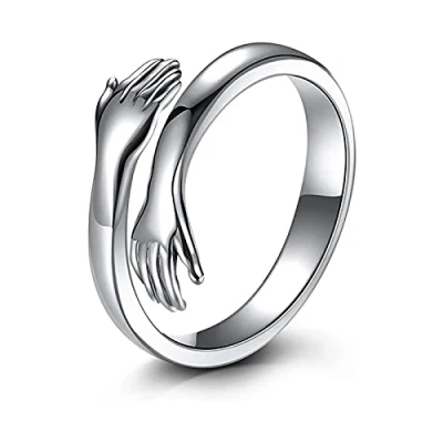 Immagine di HMOOY anello da abbraccio, regolabile in argento Sterling 925, aperto a mani intrecciate argento, coppia di abbracci, anelli promessa per compleanno, d&#039;amore donna,