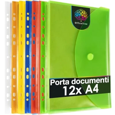 Immagine di OfficeTree 12 x Porta documenti A4 Con 240 adesivi salvabuchi Cartelle portadocumenti Cartella per archiviazione chiusura a strappo e bordo di