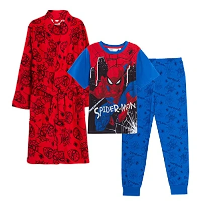 Immagine di Marvel Set di vestaglia e pigiama per ragazzi Spiderman bambini abbinati 3 pezzi da notte accappatoio + Pjs Pjs, Rosso, 4 5 Anni