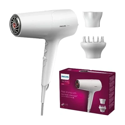 Immagine di Philips Asciugacapelli Serie 5000 bianco e metallizzato con tecnologia termoprotettiva, diffusore di volume beccuccio da 14 mm (modello BHD500/20)