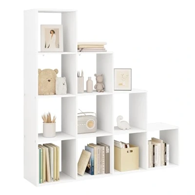 Immagine di WOLTU Libreria a 6 Scomparti, Scaffale Portaoggetti Autoportante Scala, Montaggio Flessibile, per Soggiorno, Camera da letto, Ufficio, in Truciolare, Bianco,136x29x136cm, RGB44ws