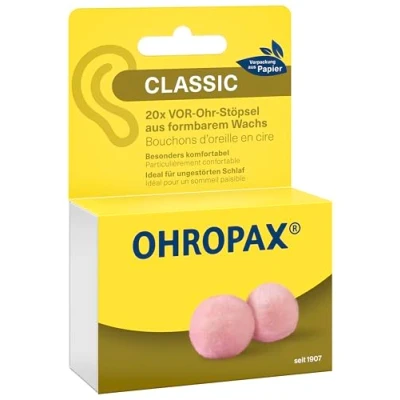 Immagine di OHROPAX Tappi per le orecchie Classic la protezione da rumore, umidità e vento, realizzati in cera modellabile, comodi adatti a tutte orecchie, valore di isolamento