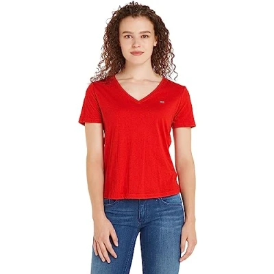 Immagine di Tommy Jeans TJW SLIM SOFT V NECK TEE Top, Donna, Taglia: Small, Deep crimson