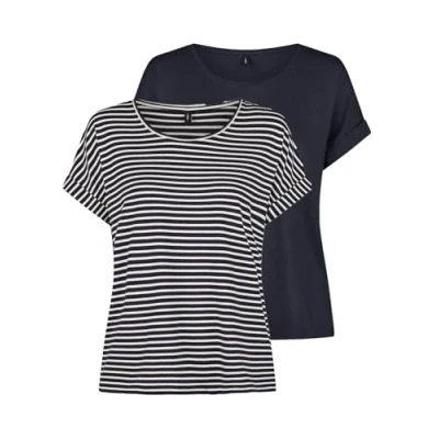 Immagine di Only Maglietta da Donna con Scollo Rotondo, Confezione 2 Pezzi, Basic a Maniche Corte, Girocollo, vestibilità Normale, Estiva, Righe, Night Sky W/CD Stripes, L