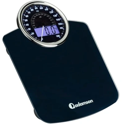 Immagine di Adamson Bilancia Pesapersone Ibrida + NUOVO 2024 Digitale &amp; Analogica 2 in 1 Fino a 180 kg Ampio Display con Retroilluminazione Robusto Vetro Temperato Lettura Facile