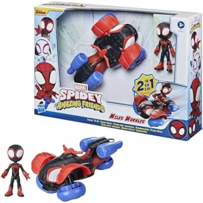 Immagine di Hasbro Spidey e i Suoi Fantastici Amici Miles Morales Techno Racer, veicolo convertibile 2 in 1 con personaggio da 10 cm, per bambini dai 3 anni su