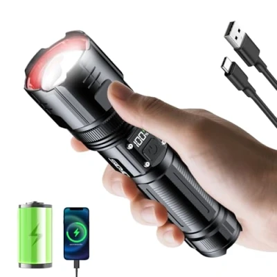 Immagine di Siuyiu Torcia Ricaricabile, 200000 Lumen Led,Con Display Digitale di Potenza, Tattica Con Zoomabile, 5 Modalità per Campeggio, Emergenze e Attività All&#039;aperto