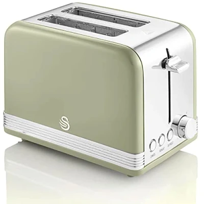 Immagine di Swan Retro ST19010GNEU Tostapane a Fessura Larga 2 Fette, Design Vintage, 3 Funzioni: Scongelamento, Riscaldamento, Annullamento, 6 Regolatore del livello di Tostatura, Acciaio Inox., Verde, 815W