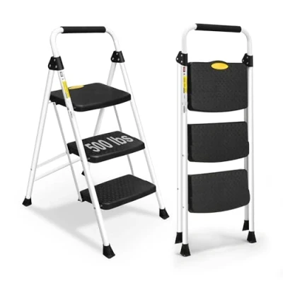 Immagine di HBTower scaletta 3 Gradini Pieghevole sgabello Cucina Con Ampio Pedale Antiscivolo, Scala in Acciaio Robusto, Comoda impugnatura, Leggera e Portatile Bianco