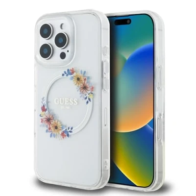 Immagine di Guess Custodia compatibile con iPhone 16 Pro Max Back Cover hul Magsafe IML Flowers Trasparente