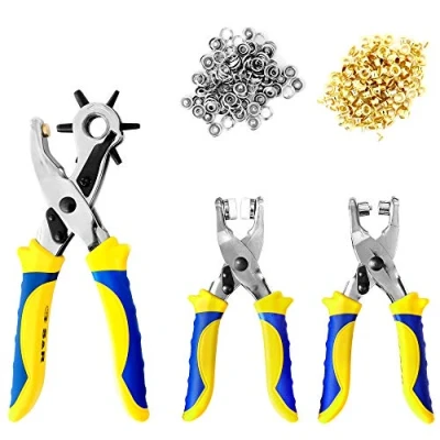 Immagine di S&amp;R Fustellatrice/Occhiellatrice/Perforatrice per Cuoio Buchi Cinture Pelle Jeans. Set con 3 Pinze + 100 occhielli (4mm) 25 Bottoni borchie a pressione (9mm). Fustelle da 2/2,5/3/3,5/4/4,5 mm