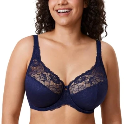 Immagine di DELIMIRA Reggiseno Donna Minimizer in Pizzo Taglie Forti con Ferretto Sostegno Totale Jacquard Senza Imbottito Mirtillo 8H