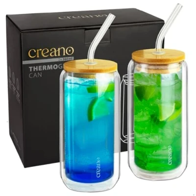 Immagine di Creano Bicchiere a doppia parete con coperchio in bambù e cannuccia 360 ml set da 2 pezzi per smoothie Bubble Tea cocktail