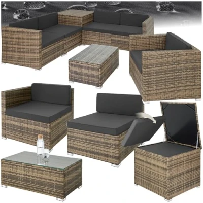 Immagine di TecTake® Salottino in Rattan XXL, Componibile, Contenitore Custodia, Poltrona Giardino, Set Balcone, Tavolo Sedie Esterno, Design Accurato, Versatile, Confort Massimo, Facile Pulizia Naturale
