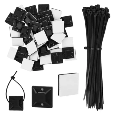 Immagine di Confezione da 100 fascette magnetiche autoadesive con cuscinetti adesivi multiuso (fascette in nylon nero, lunghezza 150 mm, larghezza 18 mm), per casa e ufficio