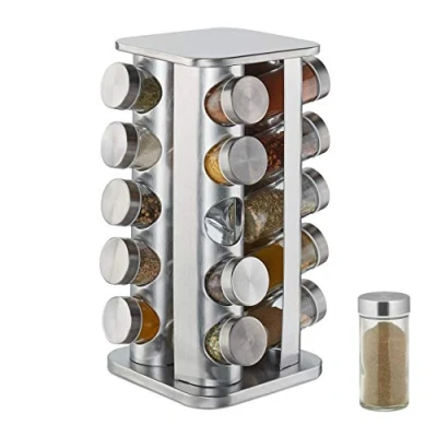 Immagine di Relaxdays Portaspezie Girevole con 20 Barattoli, Organizer Rotante a 360 Salvaspazio, in Acciaio, HxD 34x19 cm, Argento
