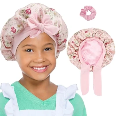 Immagine di SENGTERM Kids Bonnets Cappa doppia reversibile in seta per dormire raso, con ampia fascia elastica (Pink flower, taglia unica)