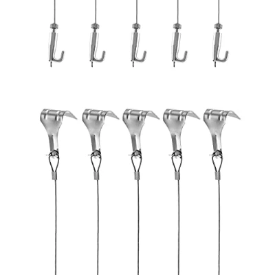 Immagine di QWORK® Cavo per Appendere Quadri, Filo di Sospensione 2m x Φ1.5mm in Acciaio Inox con Gancio Regolabile e Binario, Carico 40kg, 5 Pezzi