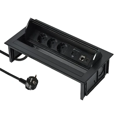 Immagine di Electraline 62577 Multipresa A Scomparsa Pop up per Scrivania/Tavolo presa incasso 3 Prese Schuko + 2 USB 3.1A (1 tipo 1 C) 15.5W HDMI RJ45, Cavo 2M