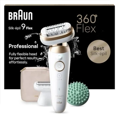 Immagine di Braun Silk épil 9 Flex Depilatore Donna, Epilatore Elettrico Donna Con Testina Flessibile 360, Wet &amp; Dry, Rasoio Cappuccio Rifinitore e Accessorio Massaggiante, 071 3D, Bianco/Oro