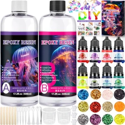 Immagine di POWZOO Resina Epossidica con Di indurente 1016 ml, Trasparente Kit Rapporto 1:1 Starter Kit,con Pigmenti,glitter,guanti,Misurini, ecc.per Creazioni,Gioielli Fai da Te,Decorazioni.