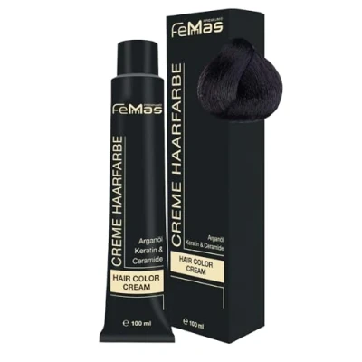 Immagine di FemMas Colore per capelli nero marrone 2 I crema professionale in con olio di argan nutriente, cheratina e ceramidi come colorazione permanente o tintura, 100 ml