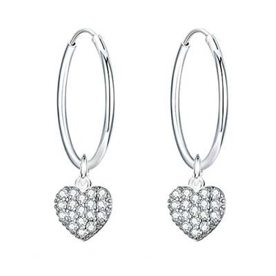 Immagine di Orecchini in Argento 925 Cerchio Donna a con Pendente Cuore Piccoli Diametro 14mm per Ragazza